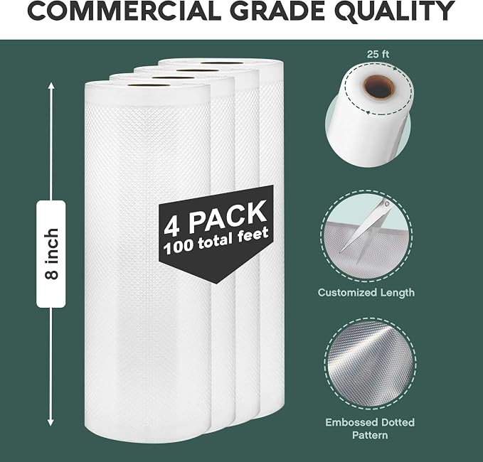 Avid Armor Vacuum Sealer Bags - 4 Pack, 8x25 Rolls | BPA-Free Vacuum Seal Bags for Food Storage, Meal Prep, Sous Vide | Heavy Duty Vacuum Sealer Bags, Fits Foodsaver & Seal a Meal