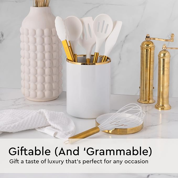 Gold Kitchen Utensils Set – 6 PC White Silicone and Gold Cooking Utensils with Spatula, Whisk, Tongs, Spoons, Cooking Tools for Nonstick Cookware – Luxury Kitchen Accessories for Home Chefs | White Silicone and Gold Cooking Utensils with Spatula, Whisk...