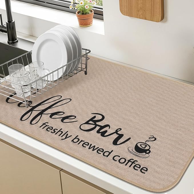 Findosom Dish Drying Mat, 18" x 24" Super Absorbent & Hide Stain Coffee Mat, Cuttable Drying Mat for Kitchen Counter, Coffee Bar Accessories, Under Dish Rack, Coffee Maker, Espresso Machine, Linen