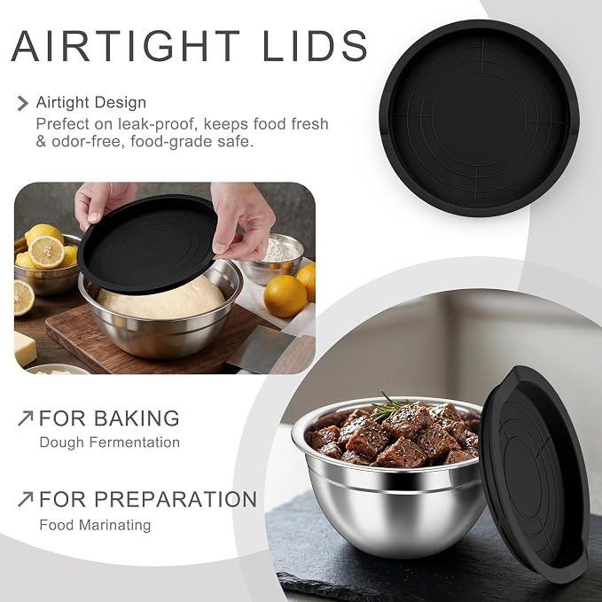 HaWare Mixing Bowls with Airtight Lids, 6-Piece Stainless Steel Salad Bowls | Strong Nesting Bowls for Cooking, Prepping, Baking, Serving & Food Storage, Stackable Design, Size 4.6, 3, 1.5QT, Black
