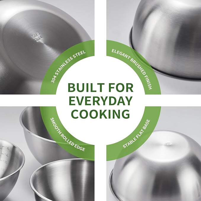 304 Stainless Steel Mixing Bowls Set of 5, 1.1/1.6/1.9/2.5/3.5 QT Food Grade Metal Bowls with Measurement Marks, Dishwasher Safe & Stackable Nesting for Baking, Salads, Meal Prep, RV & Camping
