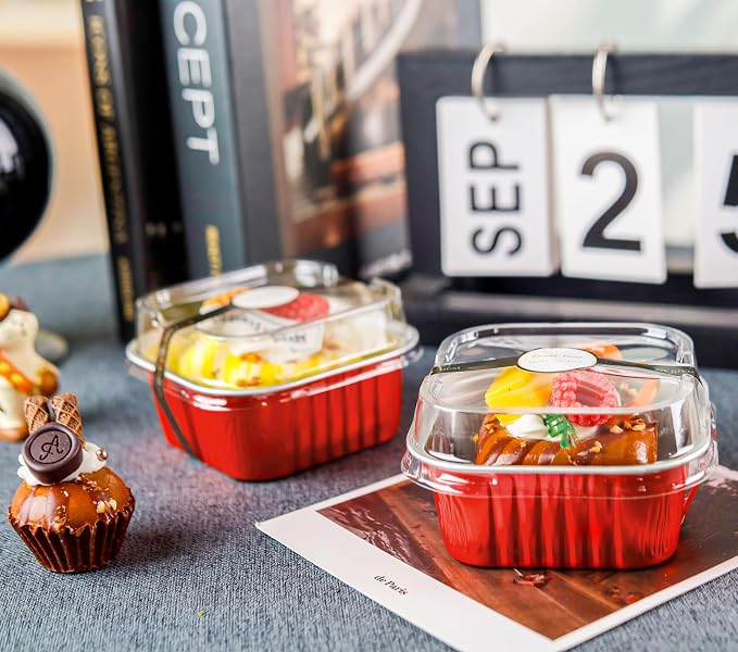 NPLUX Mini Cake Pans with Lids, 50 Pack Red 5oz for Family Parties | Fits bars, pudding, crumble and layered desserts; paired extras make serving details easier to finish.