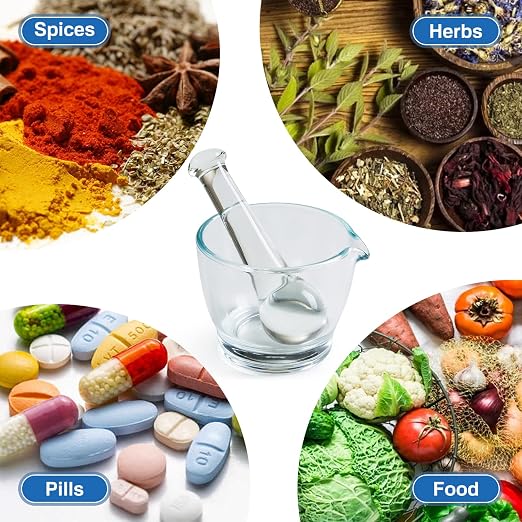 Mortar and Pestle Set, Glass Medicine Grinder, 4oz | Nonporous glass bowl, pour spout, heavy base and comfort grip for powders, seeds or herbs
