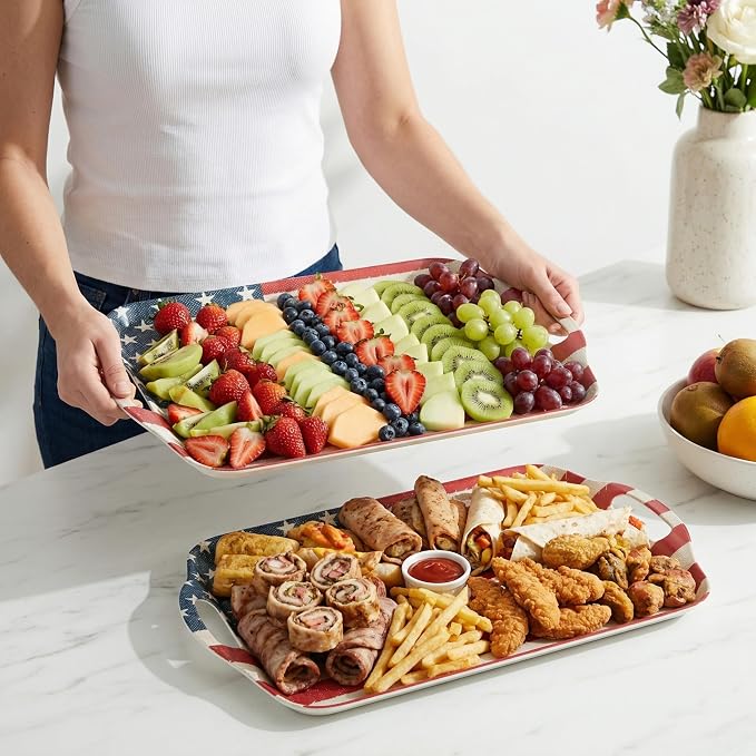 KINGEN 2-Pack Patriotic Bamboo Fiber Serving Trays - 17.3×12.2-inch Extra Large w/Handles Tray, Stars & Stripes Platters for 4th of July, Christmas, BBQ (4th of July Red White Blue Star, 17.3inch)