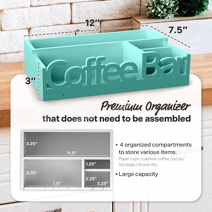 Coffee Bar Organizer Countertop, Wood Coffee Pod Holder & Condiment Caddy | Coffee Pods, Sugar Packets, Stir Sticks & Cups