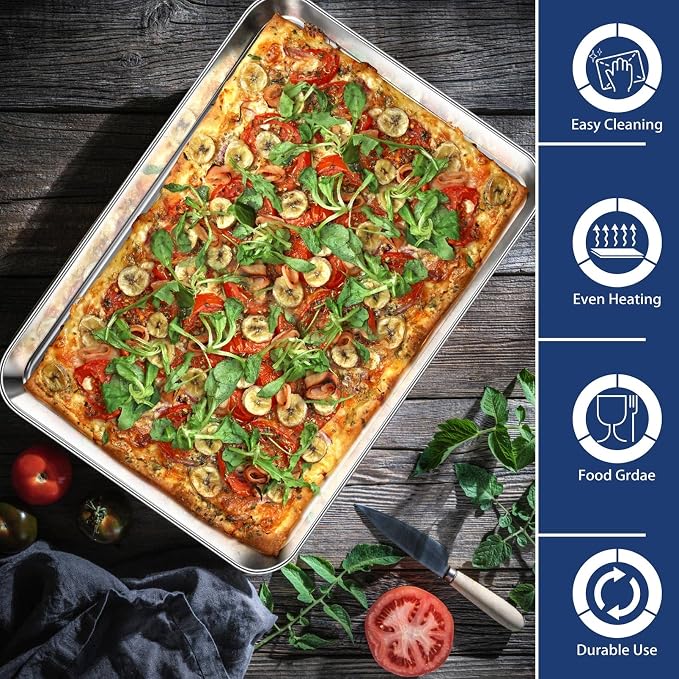 P&P CHEF Baking Sheet Pan, Stainless Steel Cookie Sheet, 17.3 Inch & 2 Pcs | Oven Tray Sheet Pan for Baking & Serving, Baking Tray for Multi Uses, Heavy Duty & Non-toxic, Rust Free & Dishwasher Safe