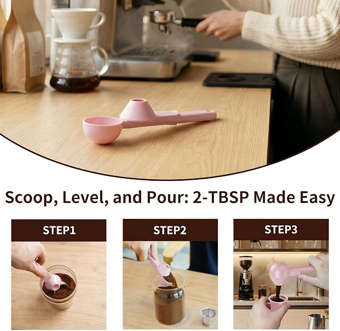 Coffee Scoop with Funnel for Reusable K Cup, 2 TBSP Measuring Spoon | Mess-Free Funnel Design, Sliding Leveler for Precise 2 TBSP, Long Handle for Coffee, Protein Powder & Tea (1-Pack)