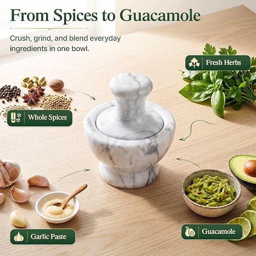 Flexzion Small Marble Mortar and Pestle Set, 4-Inch 1/2-Cup Bowl, White | Stone Spice Grinder and Pill Crusher with Mushroom Pestle and Non-Slip Pad for Herbs, Spices, Garlic, Seeds and Dry Pills