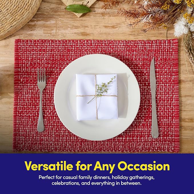 Placemats Set of 4-100% Cotton Two-Tone Rectangle Placemat for Dining Table - Over 15 Colors Available - Washable Table Decor for Kitchen, Farmhouse, Rustic, Durable for Everyday Use, Red