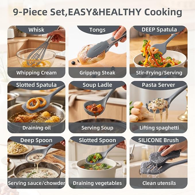 Kitchen Utensils Set,9 PCS Silicone Cooking Utensils Set Spatula Set,Tongs,Spoon,Whisk,Brush,Dishwasher Safe Kitchen Gadgets for Non-Stick Cookware,Home Essential，Kitchen Appliances Tool(Gray)