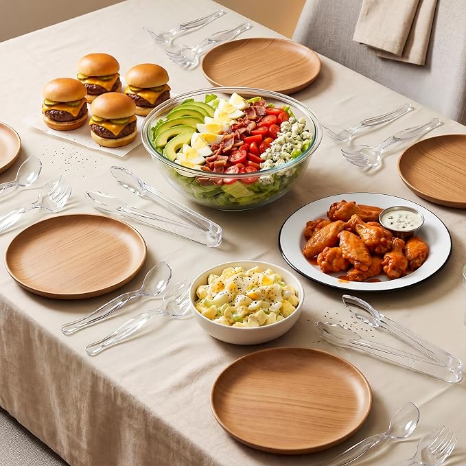 36Pcs Disposable Plastic Serving Utensils Set, 12 Clear Spoons, 12 Forks, 12 Tongs, 9-Inch for Party Buffet Catering Events, Heavy Duty and Ergonomic Design