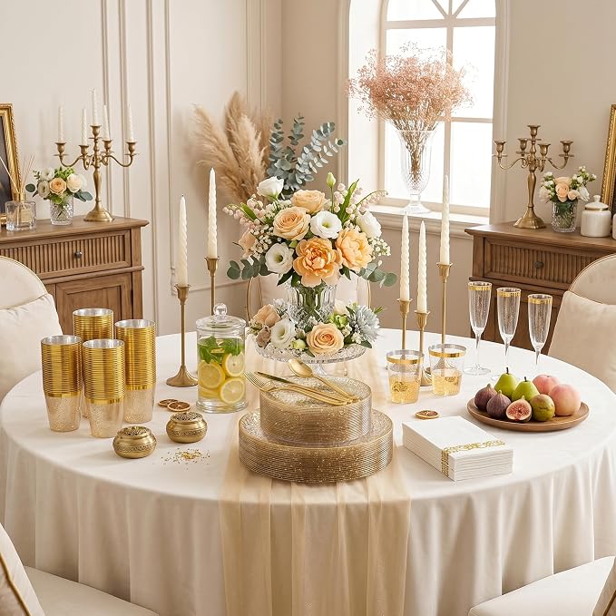 DaYammi 175PCS Clear Gold Glitter Plastic Dinnerware Set, Plastic Plates Disposable Hammered Plates for Party, Include: 25 Dinner Plates 25 Dessert Plates 75 Gold Silverware 25 Napkins 25 Cups