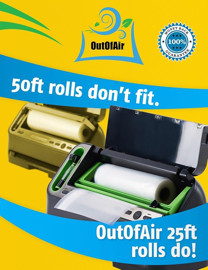 11" x 25' Rolls (Fits Inside Machine) BULK 8 Pack (200 ft total) OutOfAir Vacuum Sealer Rolls Works With FoodSaver & Other Machines, 33% Thicker BPA Free Sous Vide Commercial Grade Bags