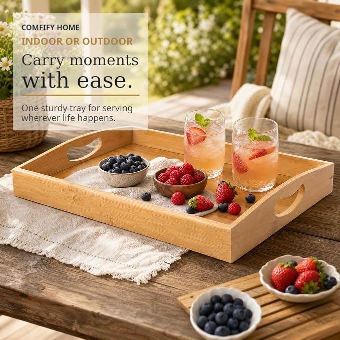 Comfify Bamboo Serving Trays – Set of 3 Ottoman Trays for Food, Entertaining, and Decor – Minimalist Design | Natural bamboo wood; for coffee table, breakfast tray and bathroom organizer; S: 12", M: 14.5", L: 16.25" – hand wash only