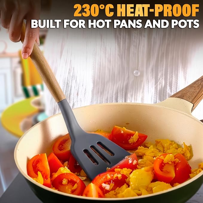 12 Pcs Cooking Kitchen Accessories Set with Holder, Silicone Heads (Gray) | Gray Kitchen Utensils Set for Cooking and Baking; Wooden Handles; Heat-Resistant up to 446°F; Non-Scratch for Nonstick Pans