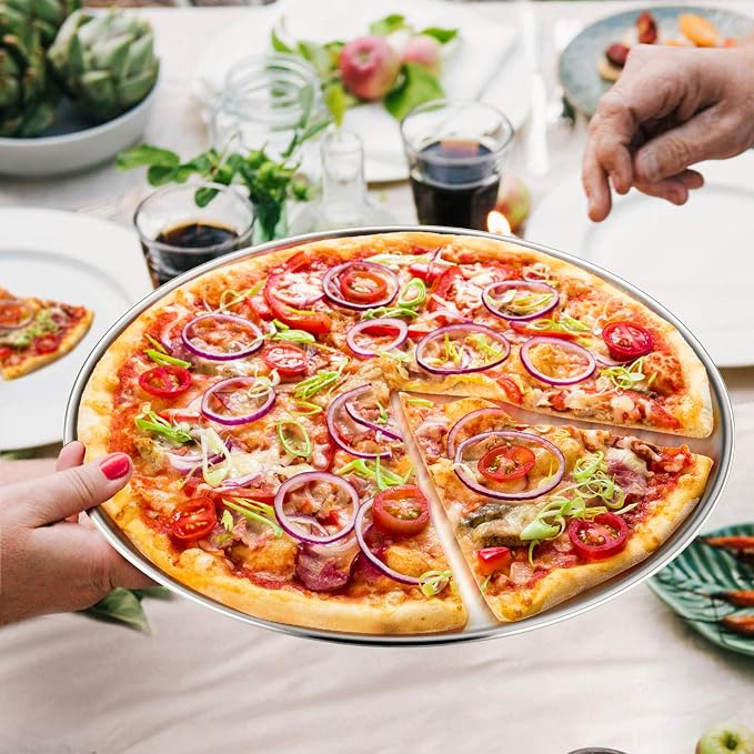 P&P CHEF Pizza Pan Set of 2, 12 Inch Stainless Steel Pizza Tray, Silver | 2 Pieces Round Pizzas Plate for Pie Cookie Cake, Good For Baking Cooking Roasting, Non Toxic & Heavy Duty, Dishwasher Safe