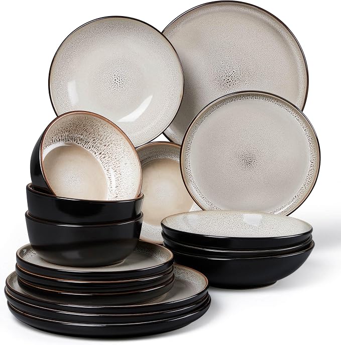 LIANYU 16 Piece Dinnerware Sets with Double Bowls for 4, Tidal Khaki | Modern Ceramic Plates and Bowls Set, Kitchen Round Dinning Ware Dishware Set, Microwave and Dishwasher Safe