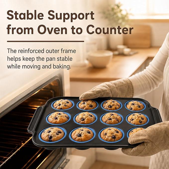 Silicone Muffin Pans for Baking, 12-Cup Muffin Tin with Metal Frame | Reinforced Metal Frame, 12-Cup Size, Easy Release Cups, Nonstick Silicone, Oven & Dishwasher Safe