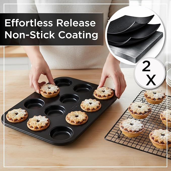 Wrenbury Pro 12 Cup Mince Pie Tin – Carbon Steel Mincemeat Baking Tray | Non Stick Shallow Muffin Pan for Patty Cakes and Jam Tarts