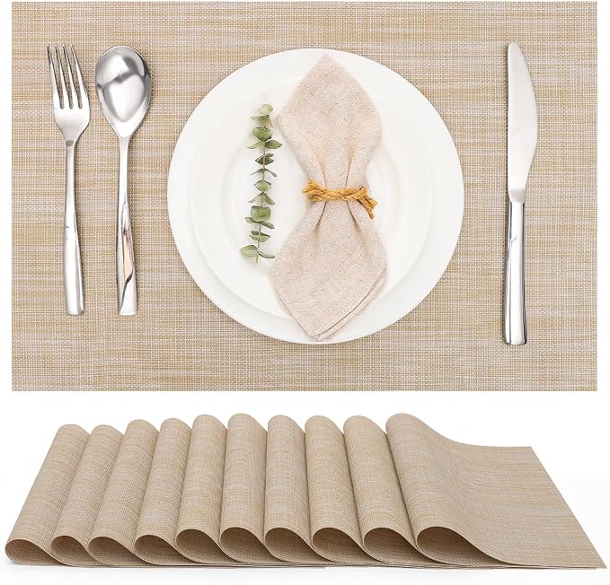 Myir JUN Placemats Set of 10 Kitchen and Dining Table Placemats | Vinyl Placemats Place Mats Indoor/Outdoor Set of 10 Washable Table Mats Non-Slip Place mats for Dining Table, beige
