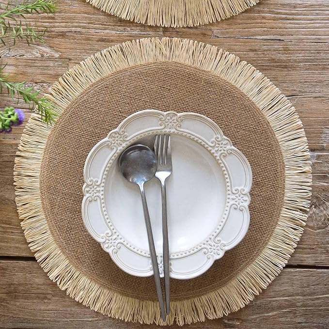 FunWheat Burlap Round Braided Placemats Set of 12 for Dining Tables 15 Inch Heat Resistant Jute Table Mats Farmhouse Woven Fabric Natural Place mats for Fall Decorations Indoor Outdoor(Beige)