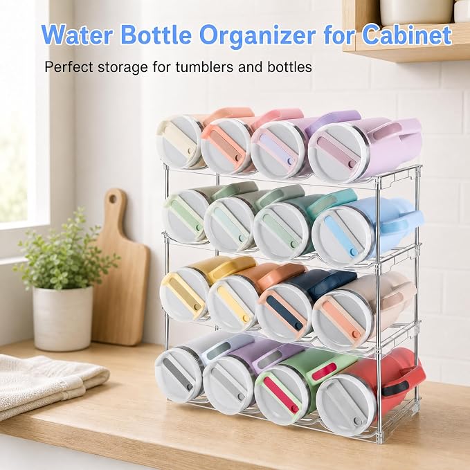 Stackable Water Bottle Organizer for Cabinet for Stanley 40 oz Tumbler | Large Compartment Tumbler Organizer, Stanley Cup Organizer Holder, Kitchen Countertop Organization & Storage, 3 Pack
