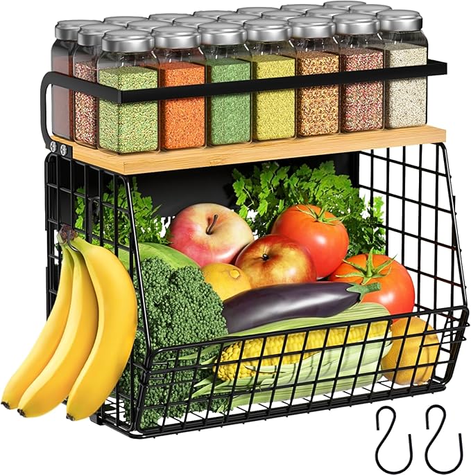 Magnetic Shelf for Fridge with Wood Lid, Fruit Potato and Onion Storage Bins, Pantry Organizers & Storage, Large Container Magnetic Spice Rack for Refrigerator, Kitchen Counter, Cabinet | Strong magnet holds 50lbs, ventilated bin for produce, versatile...