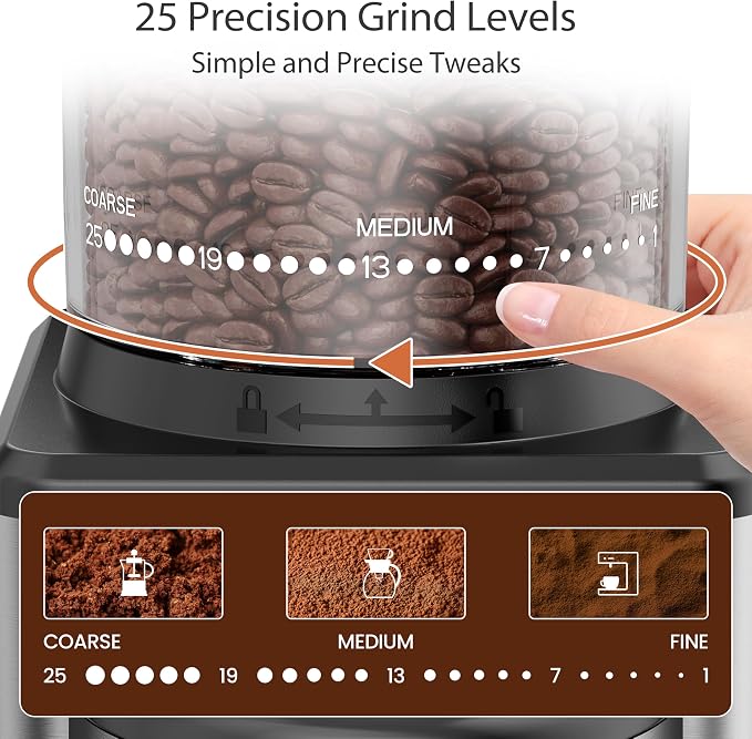 Electric Coffee Grinder, Suitable for Home Use, Features 25 Precise Grinding Settings, a 60-Second Timer Function, and an Easy-to-Clean Stainless Steel Coffee Bean Grinder