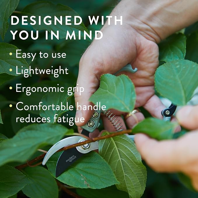 Modern Sprout Bypass Hand Pruners - Scissors - Gardening Tools - Sage | Lightweight Pruning Tool W/ Easy-Lock - Sharp Bypass Carbon Steel Blade - Rust-Resistant - Reusable Holster for Storage