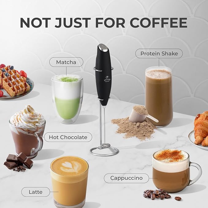 Zulay Kitchen Powerful Milk Frother Wand With Duracell Batteries - Ultra Fast Handheld Drink Mixer - Electric Whisk Foam Maker for Coffee, Lattes, Cappuccino & Matcha - Z1 Motor - Black