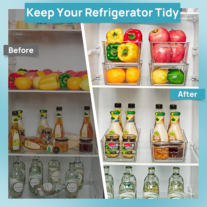 Vtopmart 4pcs Clear Stackable Storage Bins with Lids | BPA-free food-grade PET, Stackable with Lids Included, Easy to Move, For Fridge Freezer Pantry Cabinet Kitchen Organization