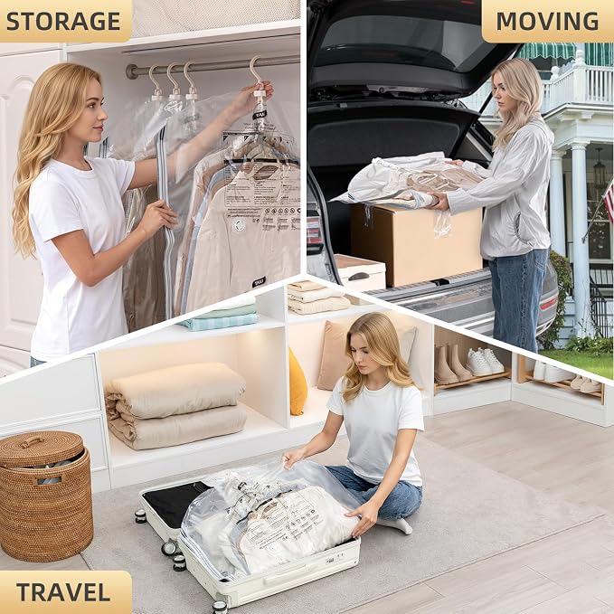 TAILI Hanging Vacuum Storage Bags for Clothes Space Saver 4 Combo Clear | Vacuum Seal Bags for Clothing Travel, Winter Clothes Storage Closet Organizers, Garment, Coats, Suits and Jackets