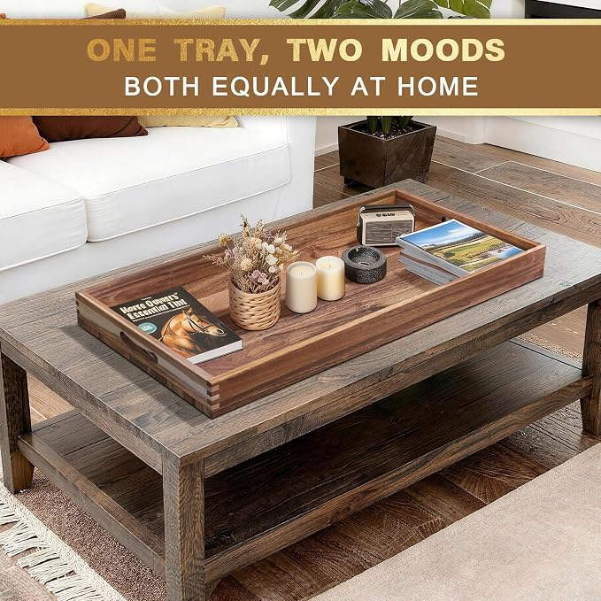 Extra Large Ottoman Tray, 40 x 20 inches Acacia Wood Serving Tray | Rectangle Wooden Decorative Tray with Handles, Oversized Coffee Table Tray, Serving Platter Tray for Living Room, Breakfast