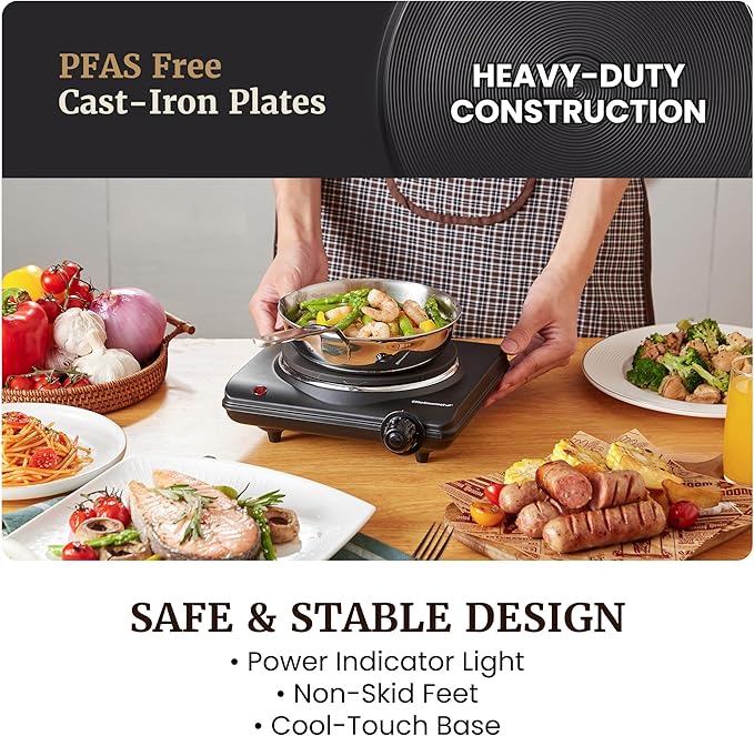 Elite Gourmet Electric Burner, 1000W Cast Iron Hot Plate, 7 Heat Settings | Portable cooktop for RV, dorm, office & small kitchens - road-ready, compact, and countertop-ready for cooking anywhere