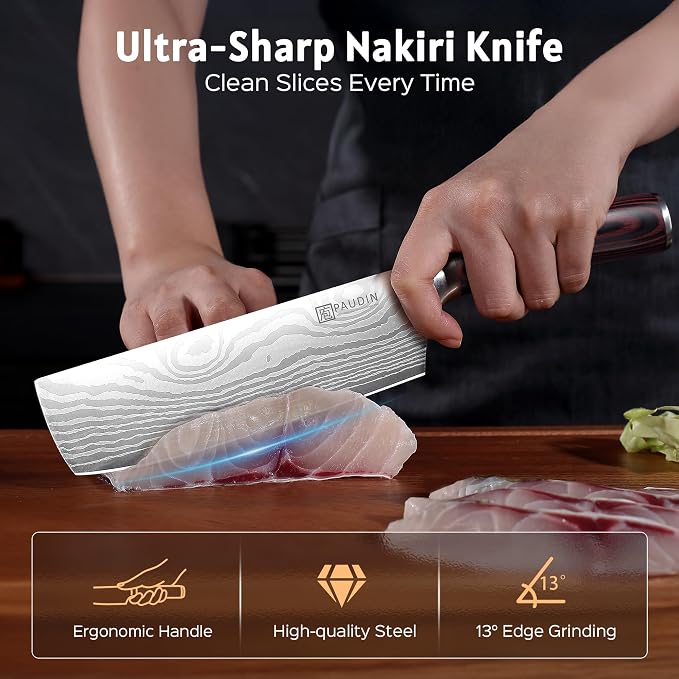 PAUDIN Nakiri Knife - 7" Razor Sharp Meat Cleaver and Vegetable Kitchen Knife, High Carbon Stainless Steel, Multipurpose Asian Chef Knife for Home and Kitchen with Ergonomic Handle