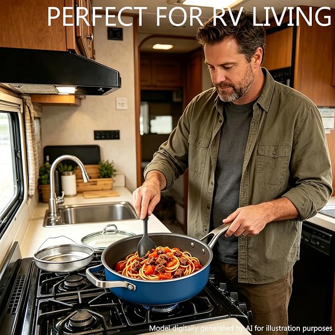 10-in-1 Blue Ceramic Nonstick Deep Saute Pan Set With Steamer & Lid, 4QT | PFAS-free frying pan.non-toxic. Induction ready. Oven safe to 480°F. Cool-touch handle. Dishwasher safe. Perfect for RVs!