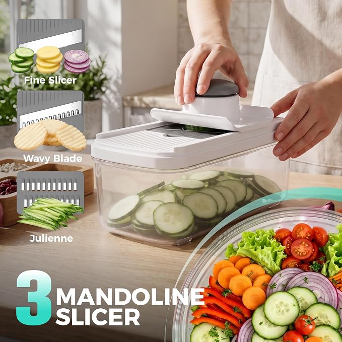 HAUSHOF 9-in-1 Vegetable Chopper & Mandoline Slicer, 7 Blades, Drain Basket | Food and Veggie Chopper and Dicer, Grater, Kitchen Prep Tool with Container, Safety Holder, Interchangeable Blades