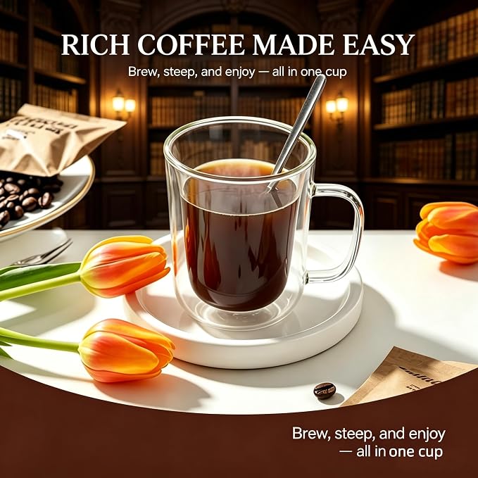 2-in-1 Immersion & Pour Over Coffee Maker, 300ml Single Serve Coffee Brewer with Reusable 600-Mesh Stainless Steel Filter, Double-Wall Glass Coffee Cup for Richer Extraction & Faster Brewing