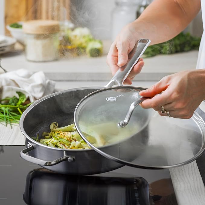 GreenPan Hybrid 5QT Stainless Steel Saute Pan with Lid, Ceramic Nonstick | APEX Tri-Ply Pan, PFAS-Free Thermobond Nonstick, Induction & All Cooktop Compatible, Dishwasher & Oven Safe to 850F, Silver