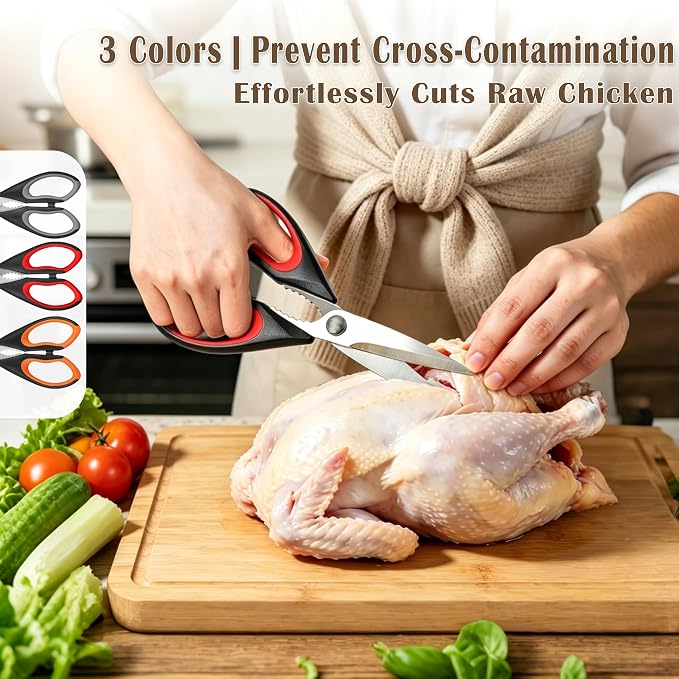 OMDAR 3 Pack Kitchen Scissors - Food Grade Kitchen Shears | All Purpose Stainless Steel Heavy Duty for Poultry Food Dishwasher Safe with Protective Sheath Comfort-Grip