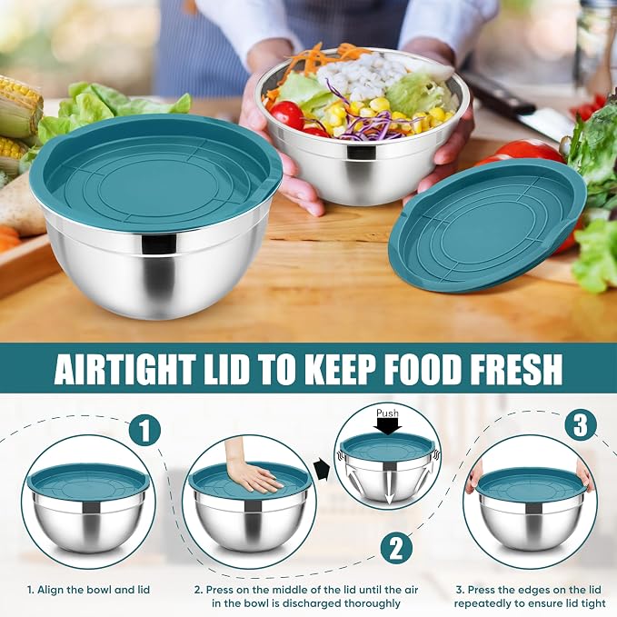 P&P CHEF Metal Mixing Bowls with Lids Set, Airtight Lids & Blue | 5 PCS Stainless Steel Mixing Nesting Bowls for Kitchen Prepping, Storing, Healthy & Easy Clean, Size 4.6, 3, 1.5, 1, 0.7 QT