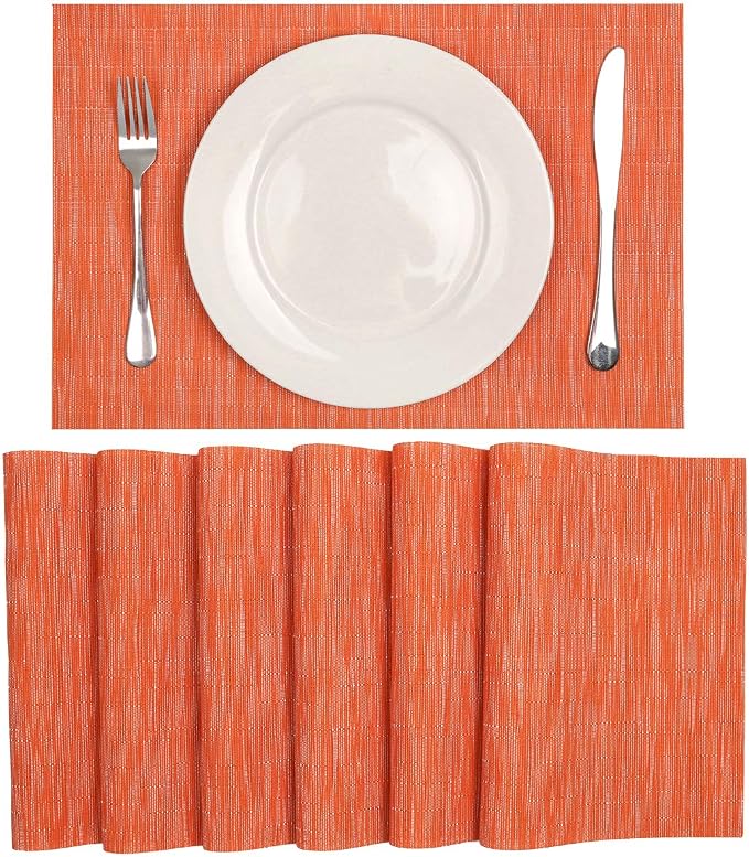 SHACOS Placemats Set of 8 Woven Vinyl Place Mats for Dining Table Wipe Clean Heat Resistant Washable Kitchen Table Mats (8, Orange)