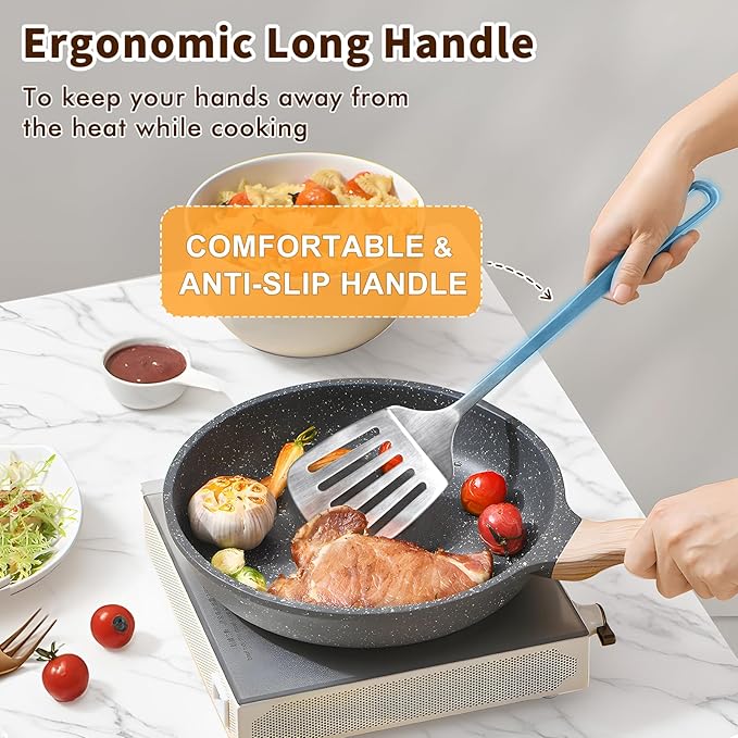 Stainless Steel Cooking Spoon, Slotted Metal Serving Spoon, Heavy Duty Sturdy Large Soup Ladle, High Heat Resistant Kitchen Cooking Utensils for Mixing, Stirring, Ergonomic Handle, Easy to Clean
