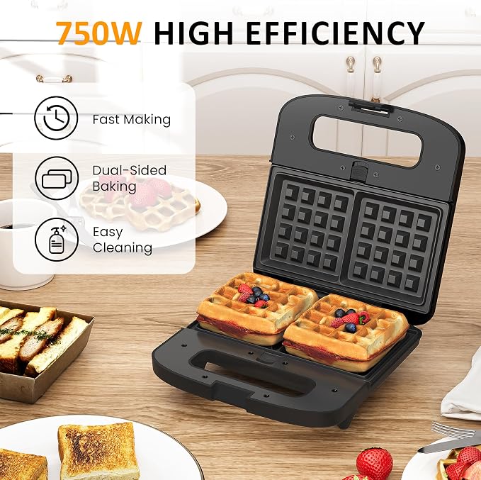 3 in 1 Electric Sandwich Maker with Removable Nonstick Plates - 800W,Black | for Belgian Waffle/Panini/Grill/Pancake Griddle/Breakfast,Dishwasher Safe,Cool Touch Handle,Easy to Clean & Store