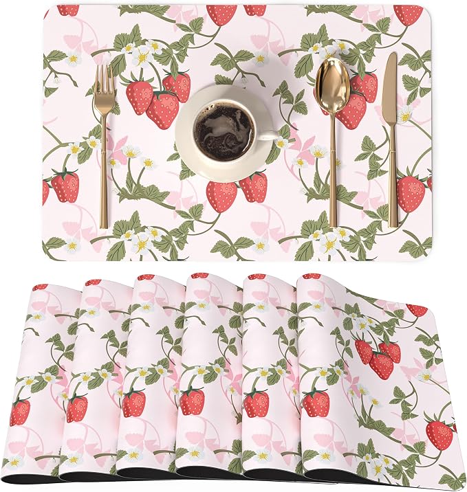 QIYI Leather Placemats Set of 6, 12"x18" Waterproof Table Mats, Strawberry | Faux Leather, Heat Resistant, Anti Slip, Wipeable Place Mats for Kitchen Dinning, Party Table Décor, Sweet Strawberry