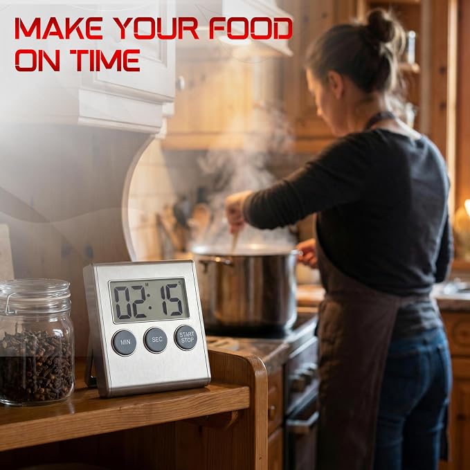 Digital Kitchen Timer with Loud 80dB Alarm & Large Display | Magnetic countdown timer with adjustable stand, auto memory, stopwatch feature for cooking, classroom, study, kids - Silver