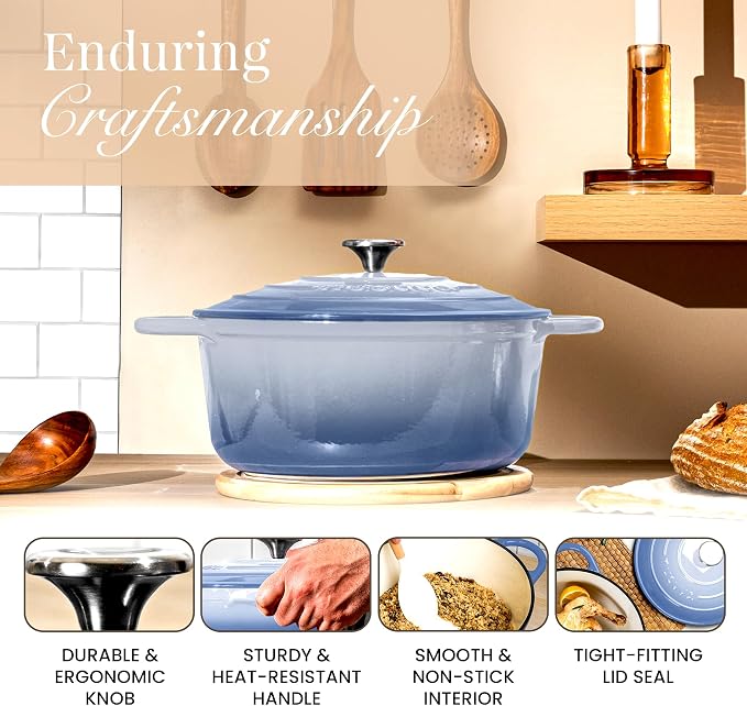 Nuovva Enamelled Cast Iron Dutch Oven Pot with Lid 6.4 Quart Non Stick Casserole Pot-Heavy Duty & Oven Safe up to 500° F for Bread Baking, Braising, Stews, Roasting - 28cm Coastal Blue
