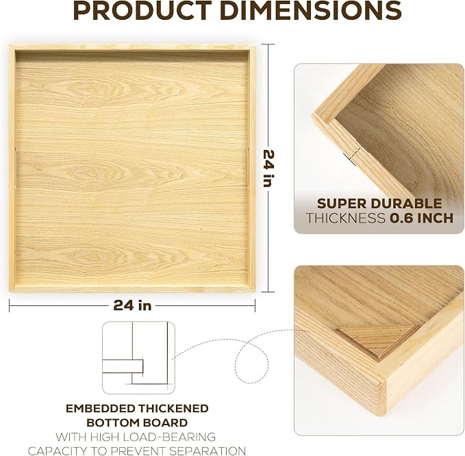 24 Inch Large Square Wooden Ottoman Tray for Living Room|Extra Large Serving Tray with Handles for Coffee Table, Breakfast|Decorative Wood Tray for Ottoman Couch Sofa Kitchen|Natural