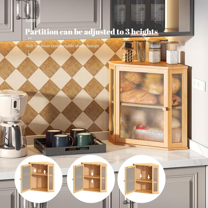 STDDRE Corner Bread Box Kitchen Countertop Extra Large Capacity Farmhouse Bread Box, Corner Countertop Storage, Double Layer Bread Holder (Natural, Extra Large)