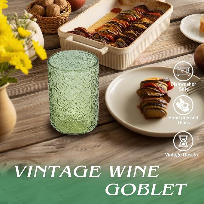 Green Vintage Drinking Glasses Set of 6, 14 oz hobnail drinking glasses Glassware Embossed Green Water Tumbler for Beer, Juice, Cocktail, Whiskey, Milk